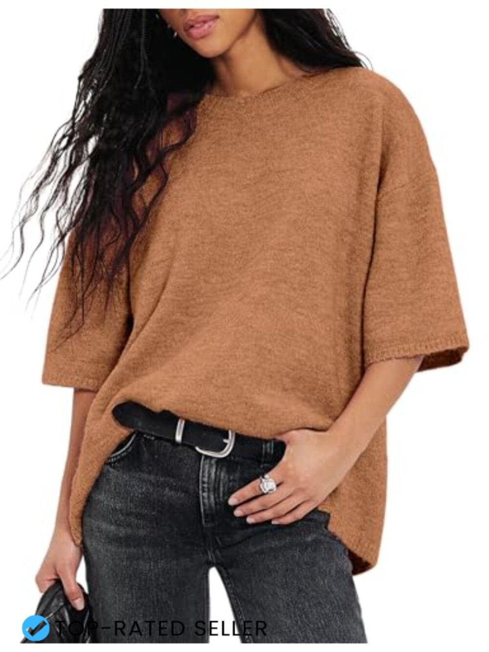 Short Sleeve Knit Pullover Sweater Lightweight Crewneck Relaxed Fit Top